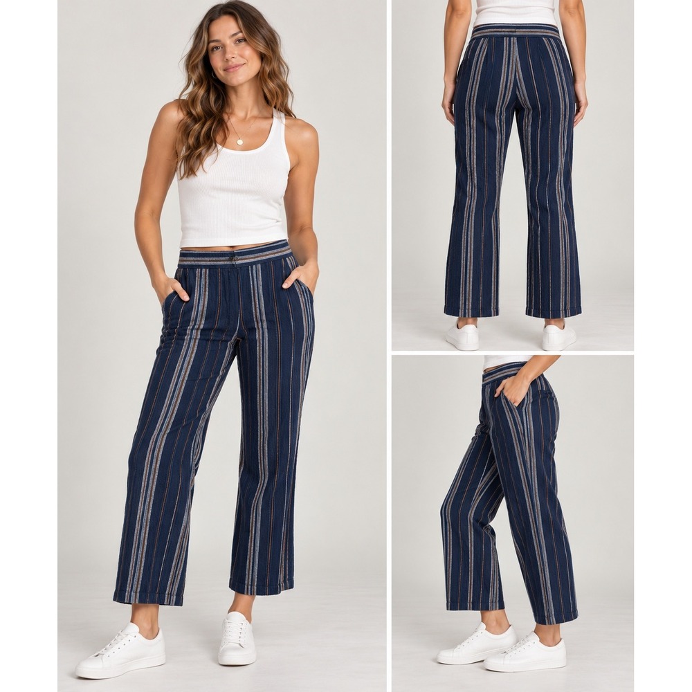 Ann Taylor Womens L Navy Striped Linen Blend Coastal Boho Beachy Cropped